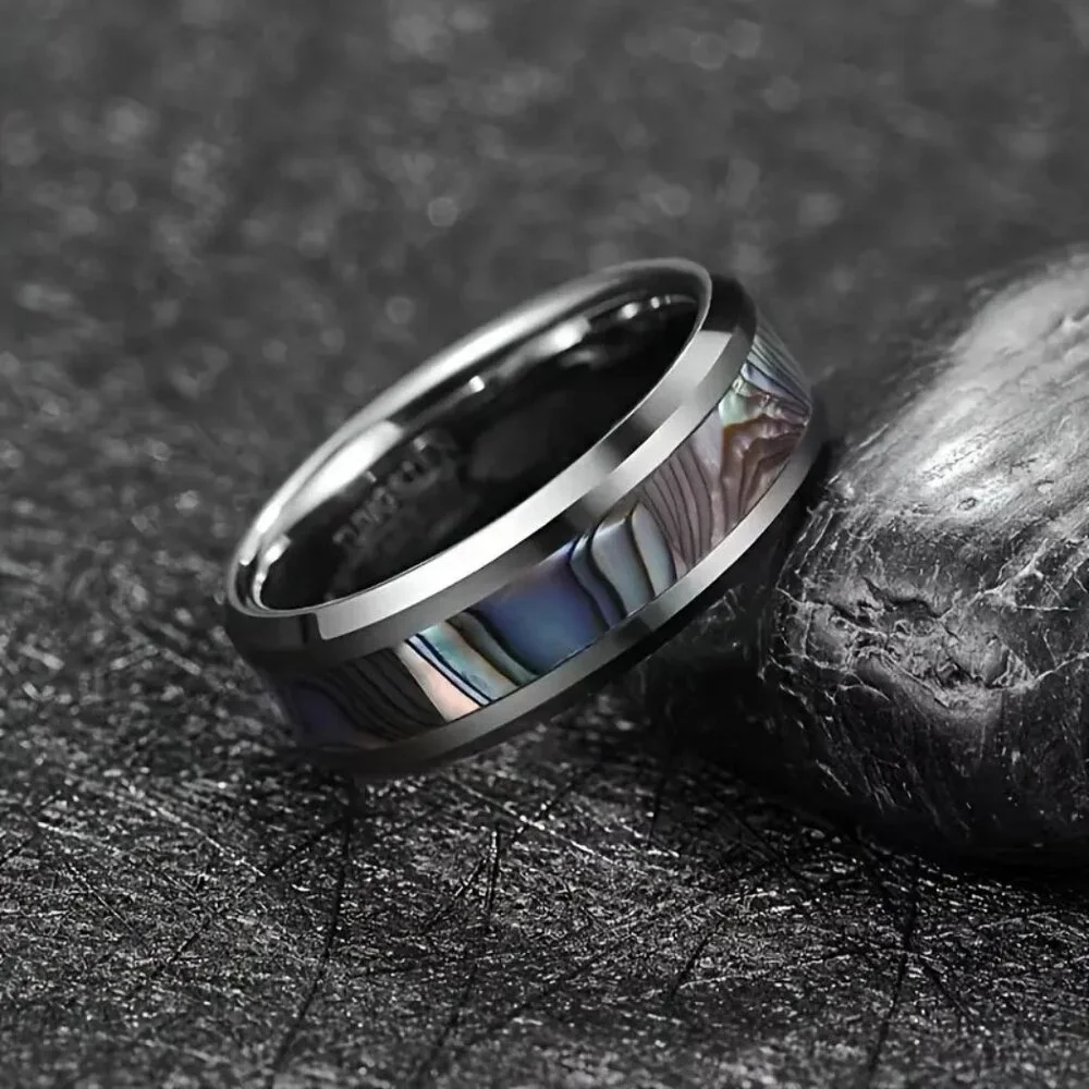 Tungsten Steel Carbide & Abalone Carbon Inlay Design statement Ring
